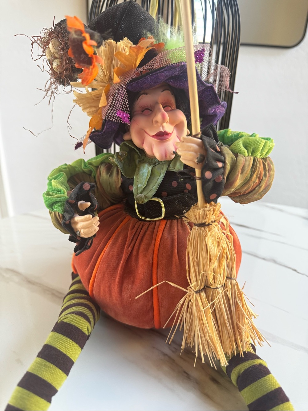 Festive Witch Pumpkin Doll in Orange and Green